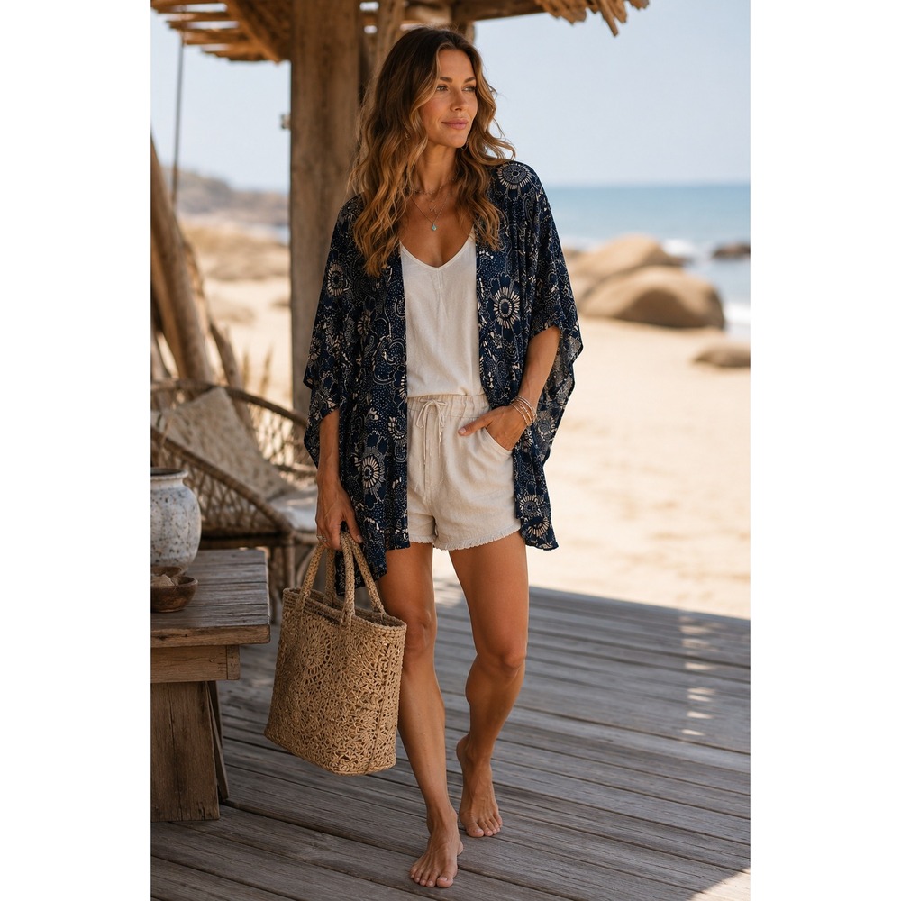 LOFT Womens Kimono Top One Size Navy Blue Floral Open Wrap Boho Festival Beach